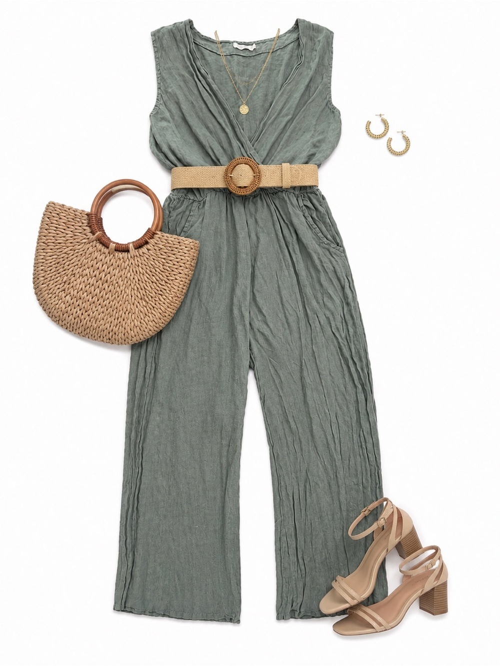 Sleeveless Wrap Wide-Leg Jumpsuit in Sage Green
